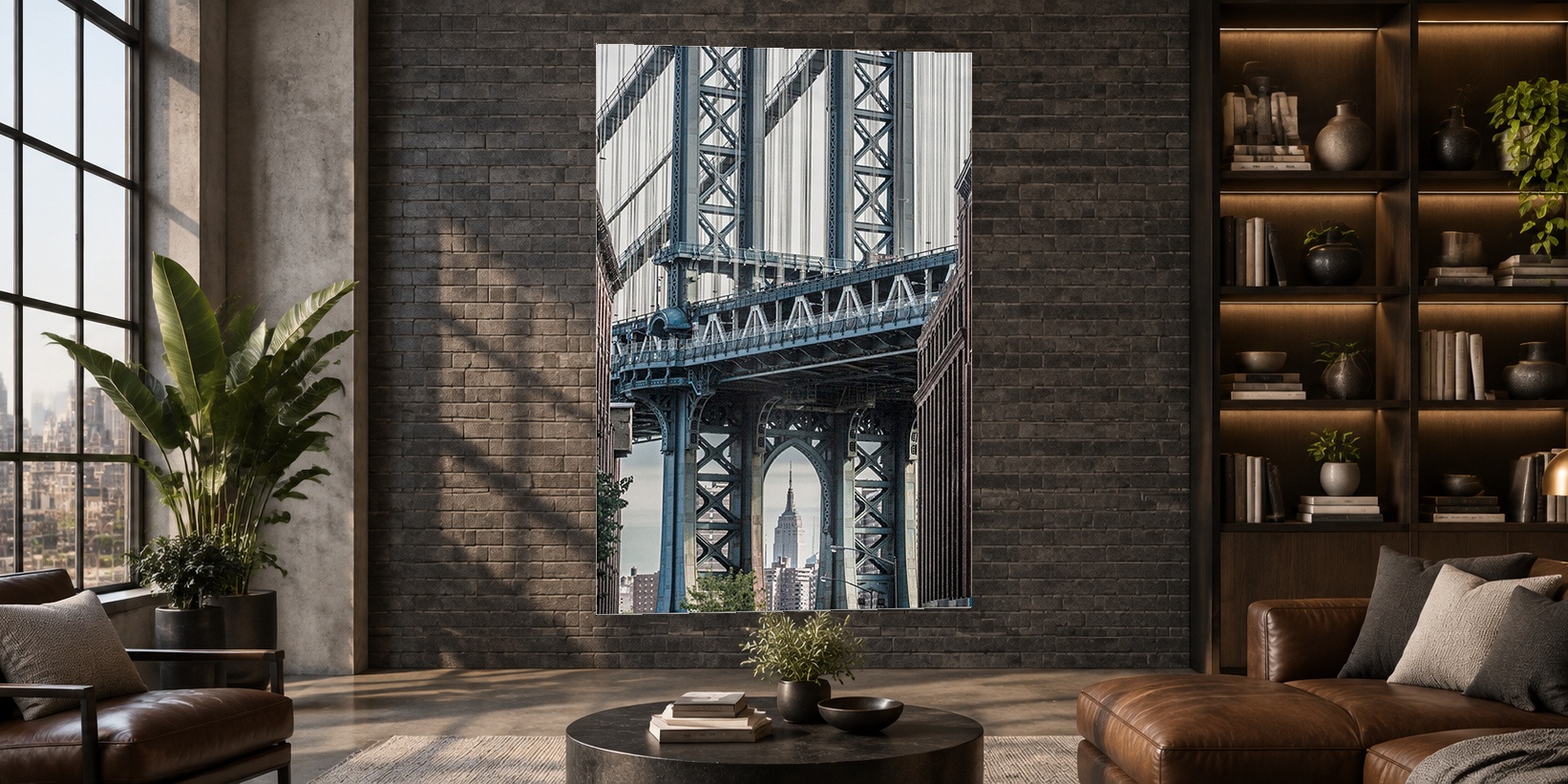 New York city photography print by Igor Muñoz displayed as a large acrylic wall panel in a brick loft interior